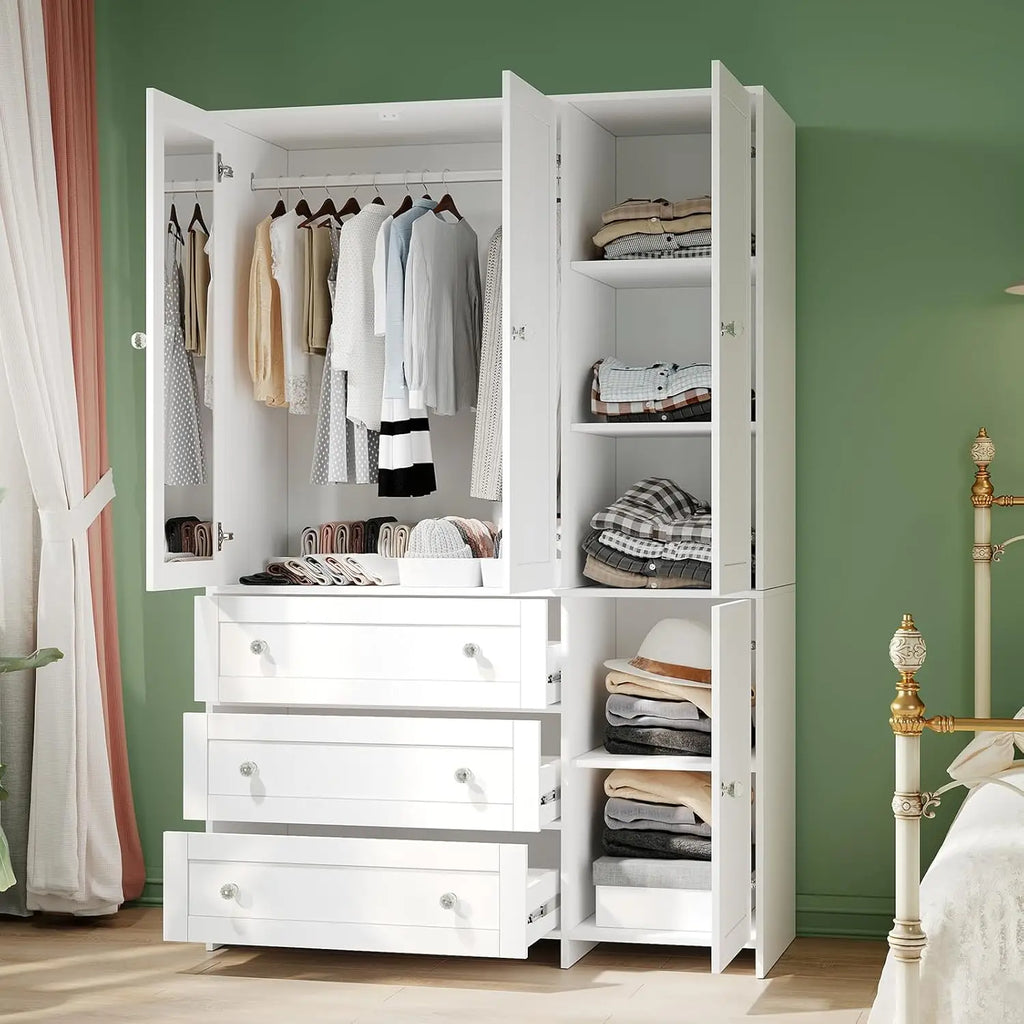 71" Wooden Armoire Wardrobe 3-Drawers Mirror Hanging Rod Large Capacity