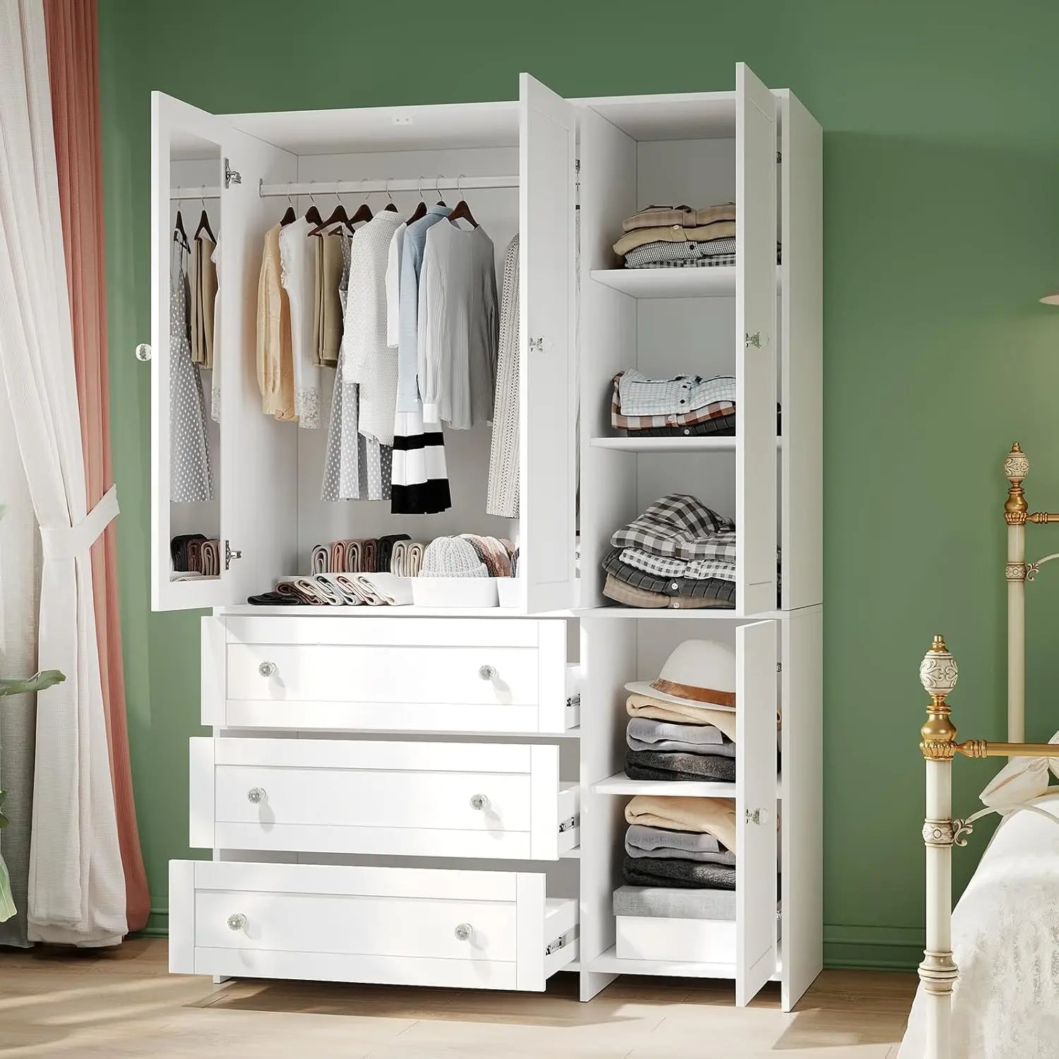 71" Wooden Armoire Wardrobe 3-Drawers Mirror Hanging Rod Large Capacity