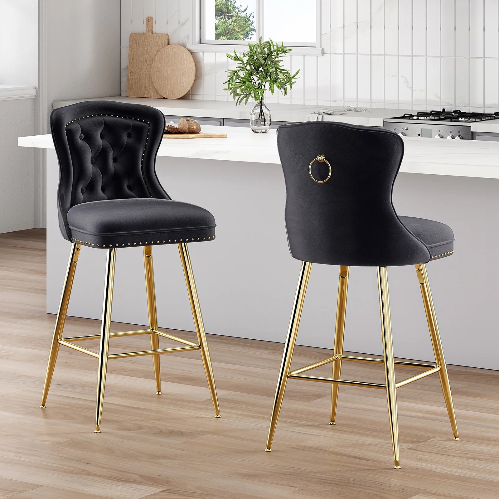 2-Set Bar Stools, Counter Height, Metal Legs, Button Tufted, Nail Heads