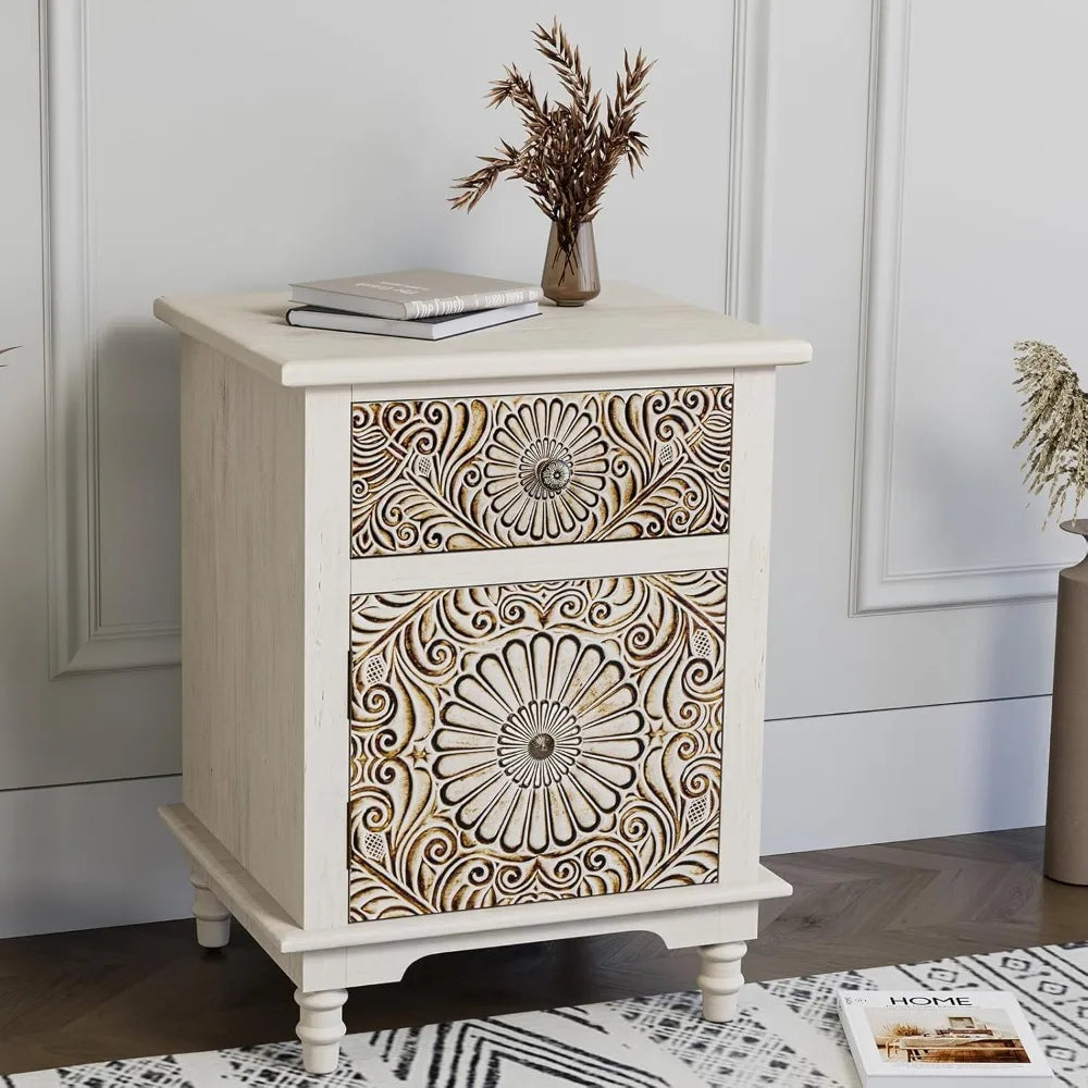 White Nightstand 2-Drawer & Storage Flower Motif