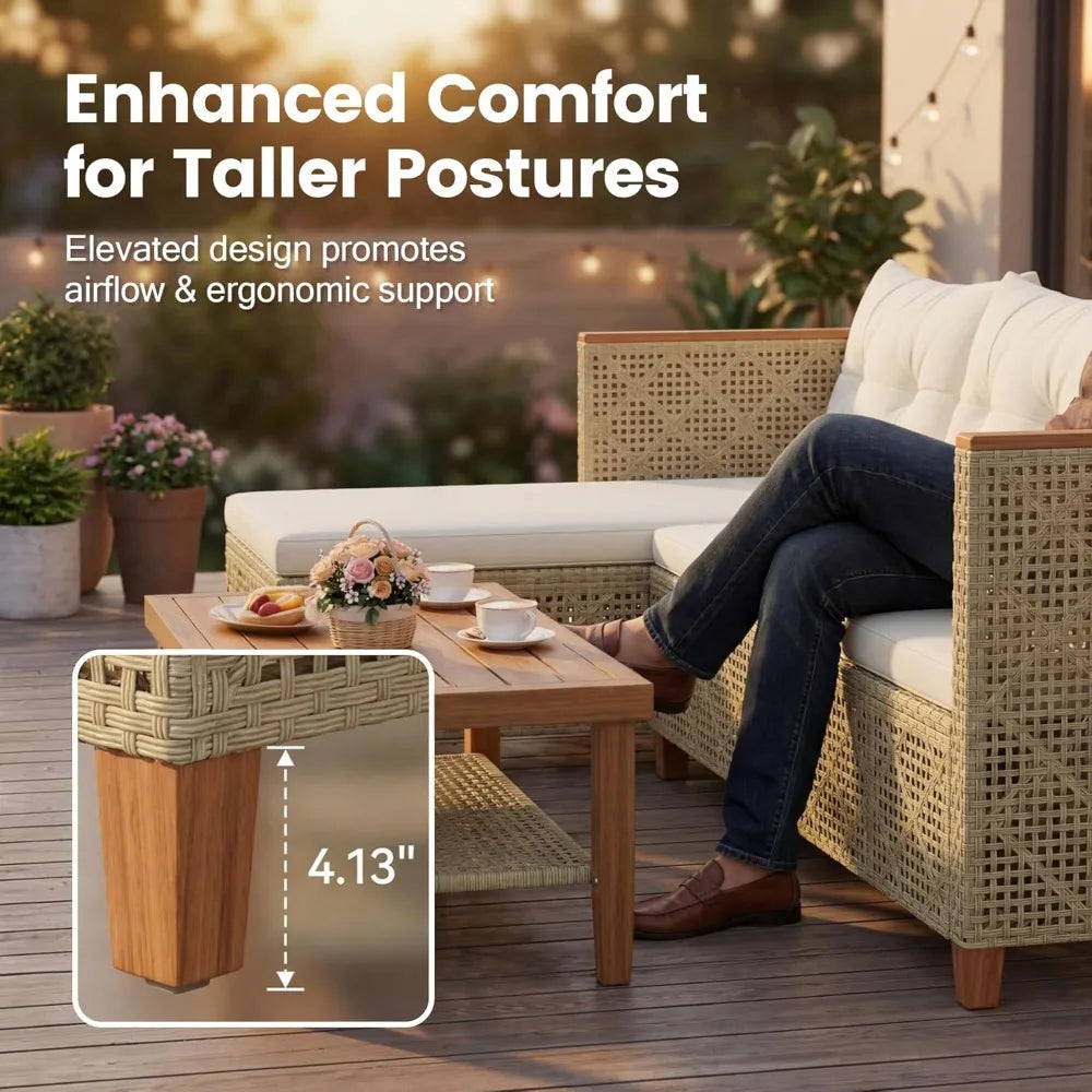 Small Sectional 3-Piece Wicker Patio Furniture Set, Tufted Pillow PE Rattan