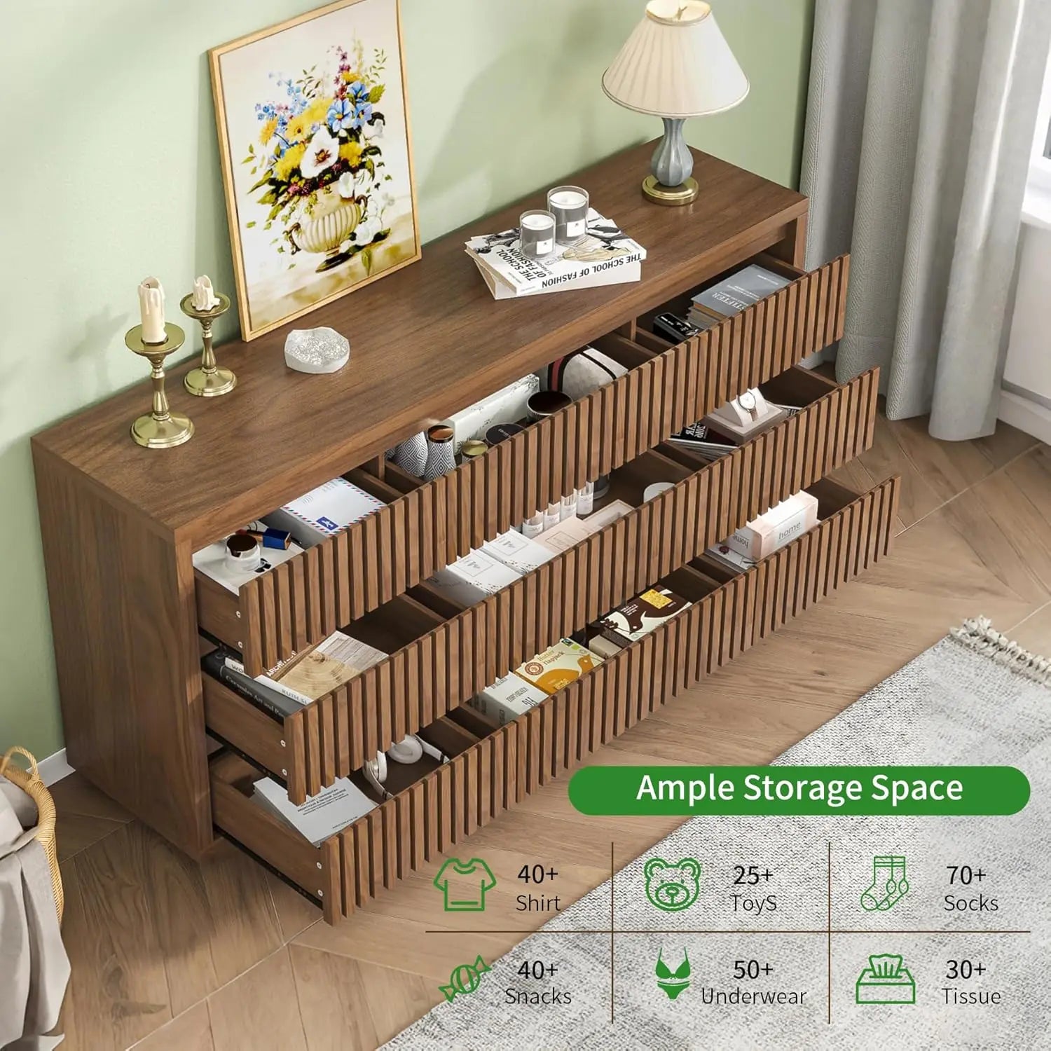 Fluted 9-Drawer Dresser, 58" Wide Vintage Chest of Drawers