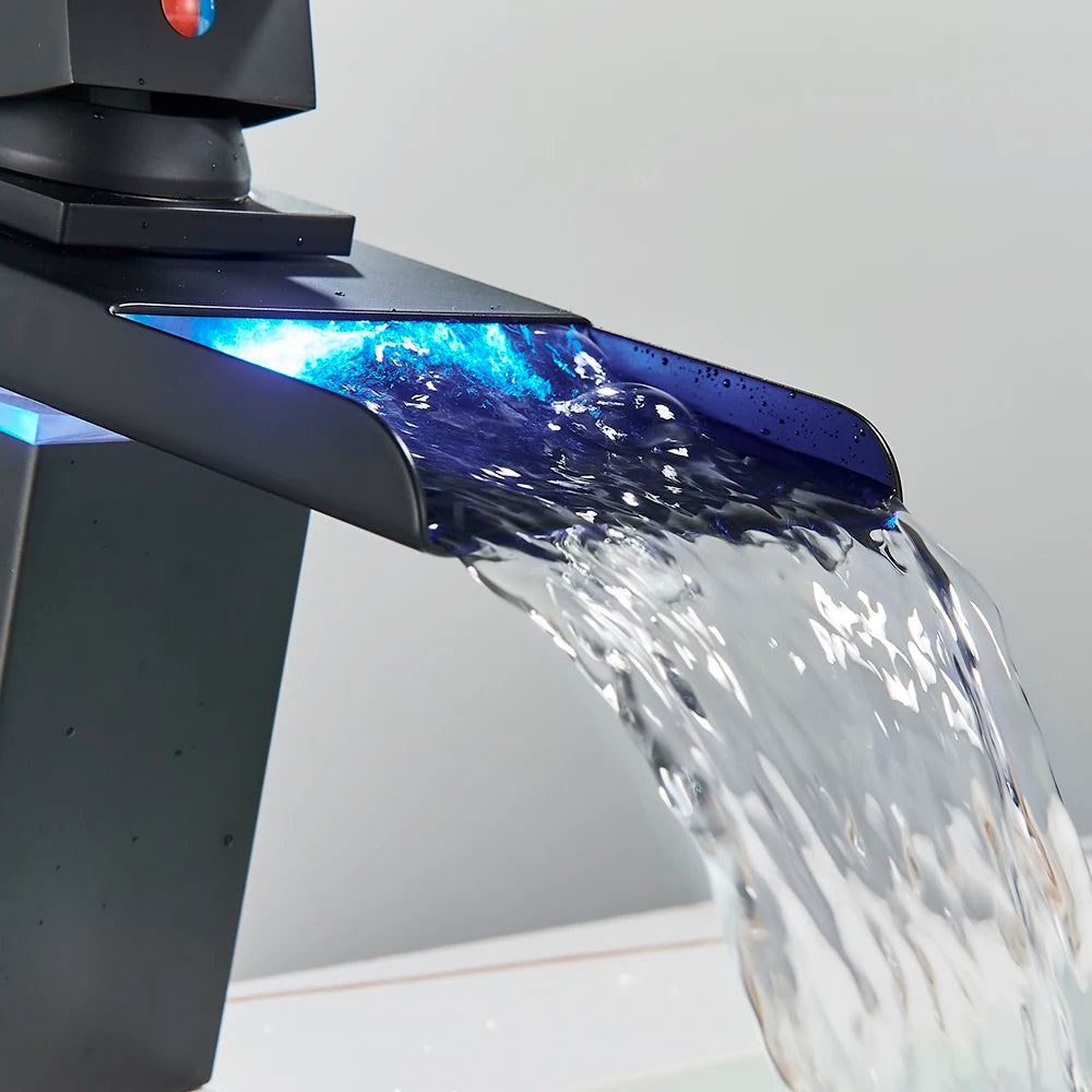 LED Color Changing Waterfall Faucet, Deck Mounted Hot/Cold Mixer Tap