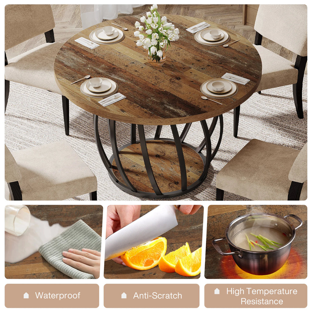 Dining Table, 46IN Round Wood Table, Sturdy Metal Base for 4-6