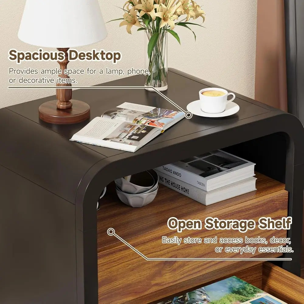 24IN Nightstand, Curved Anti-Collision Design 2 Storage