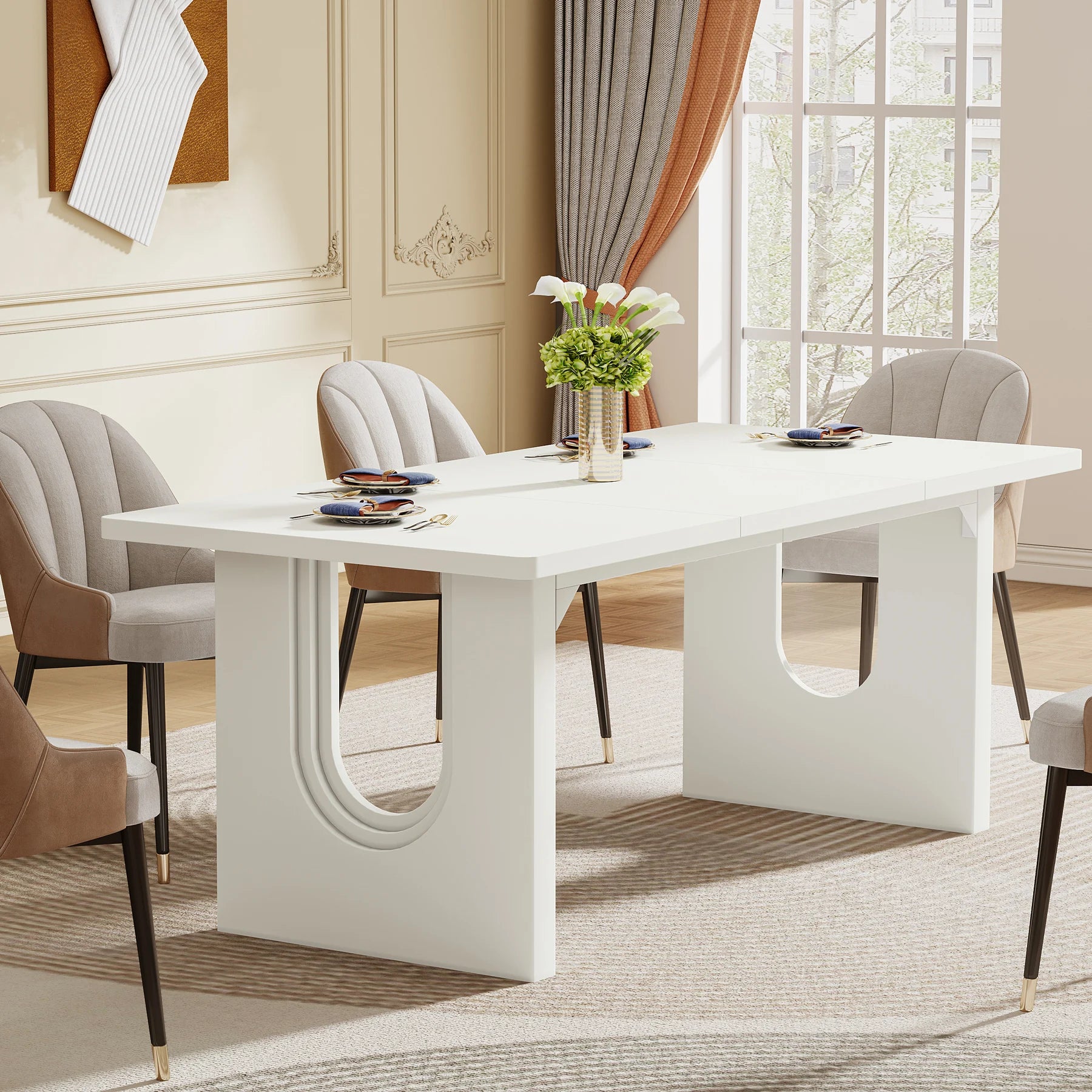 71" Dining Table for 6-8 People with Wood Pedestal Base