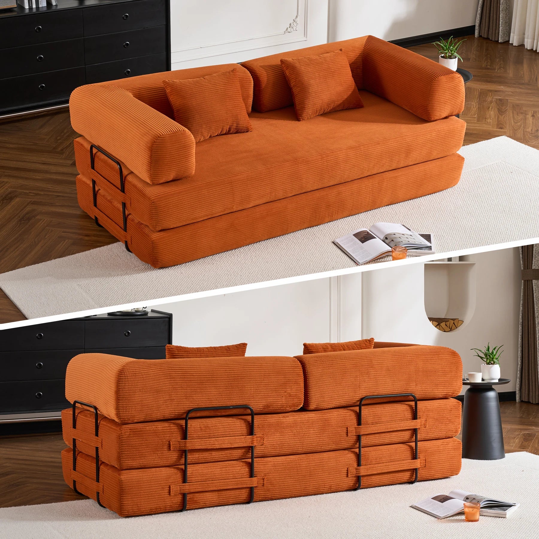 79" Folding Convertible Oversized Corduroy Sofa Bed, Boneless Loveseat
