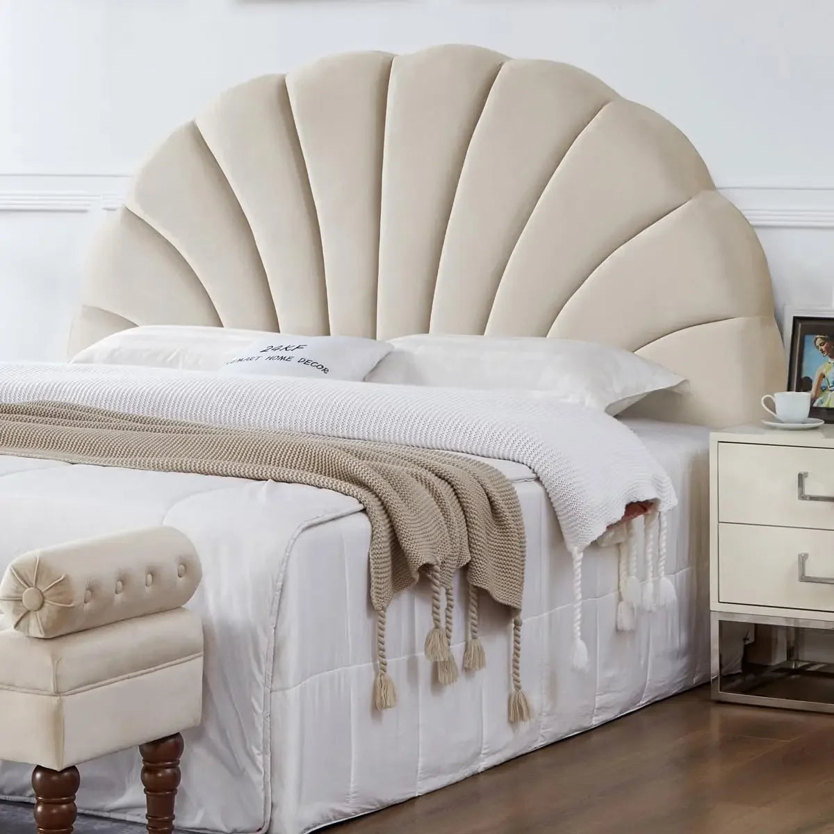 King/CA Headboard Stunning Crown Design, Upholstered Soft Velvet Petal, Beige