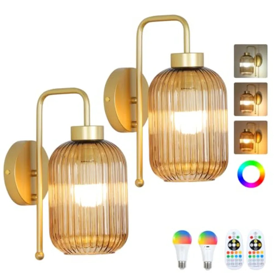 Gold Wireless Wall Sconces Battery Operated, Rechargeable Set-of-2 w/Remote and Bulb