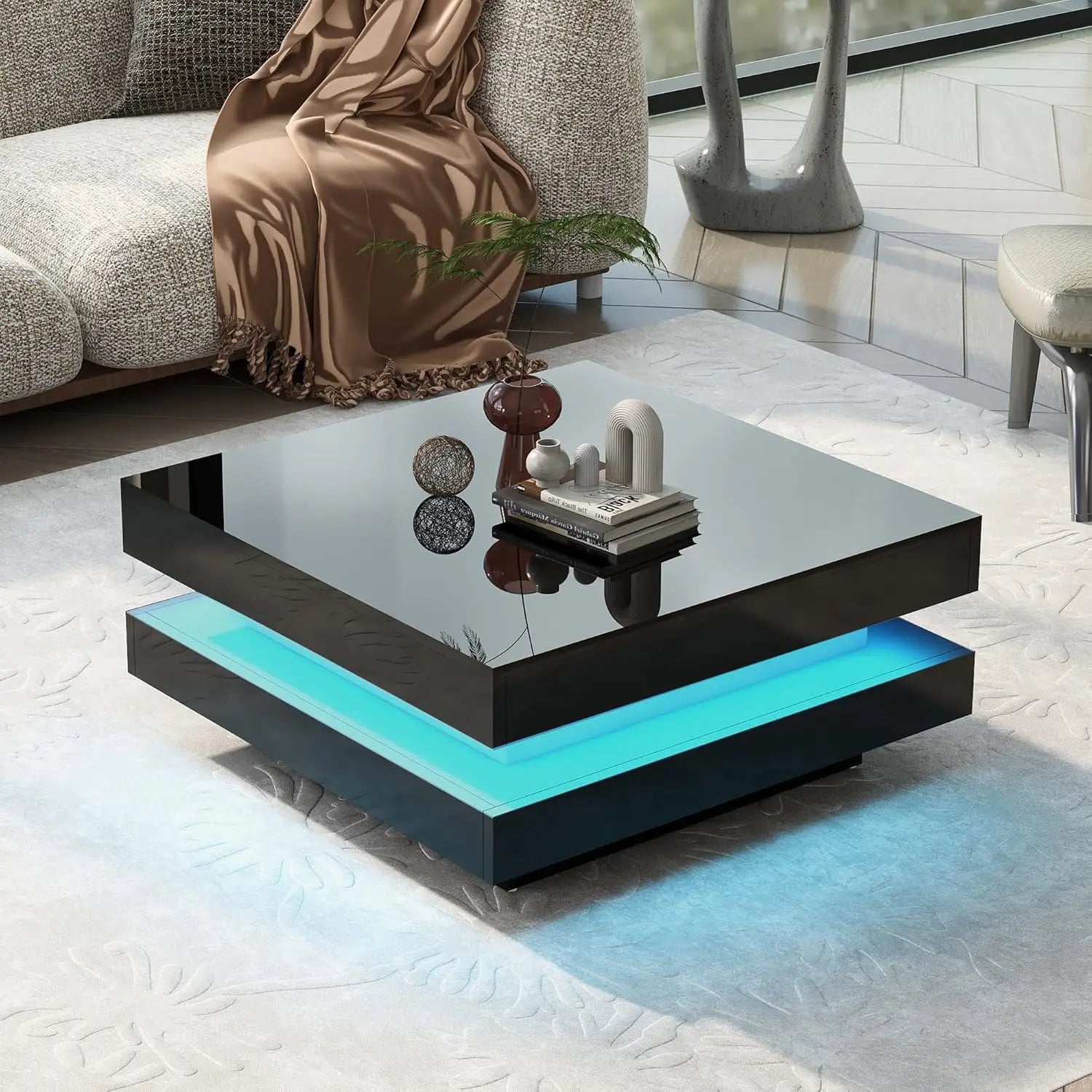 Coffee Table, Faux Marble Top, Rectangular with Caster Wheels.