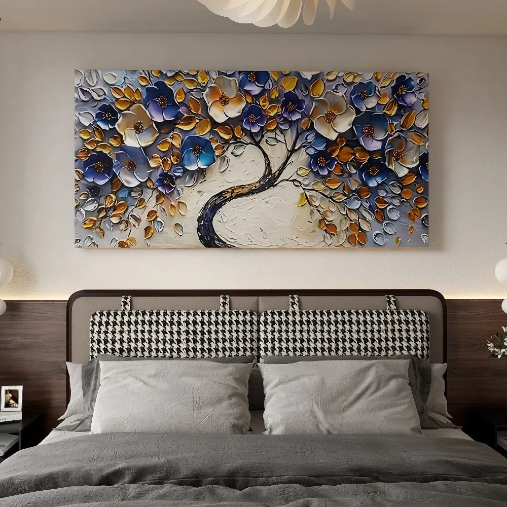 Large abstract Floral tree canvas - Blue textured, 1.5" wood frame
