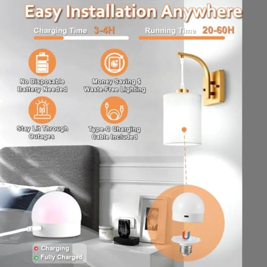 Battery Operated Wall Sconces Set-of-2, Brass Gold Rechargeable w/Remote, Bulbs