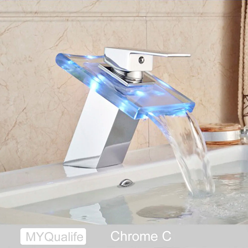 LED Color Changing Waterfall Faucet, Deck Mounted Hot/Cold Mixer Tap