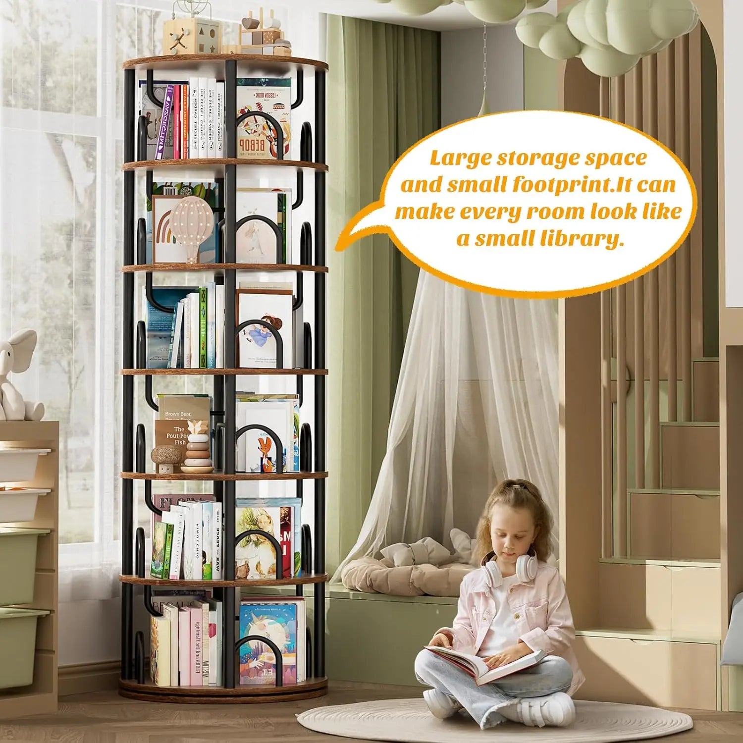 6-Tier Rotating Tower, 360° Spinning Bookcase, Narrow Swivel Organizer