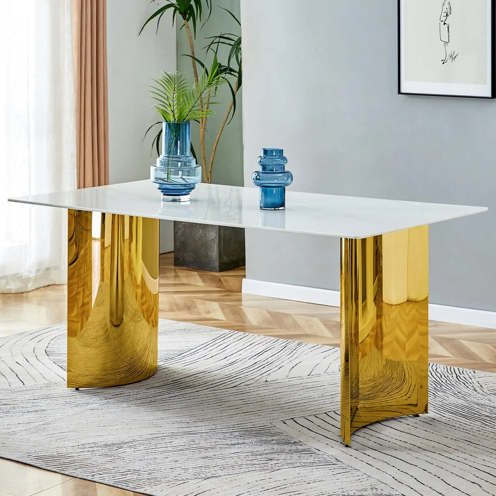 71IN Gold Table for 8, White Marble Golden Stainless Steel Base