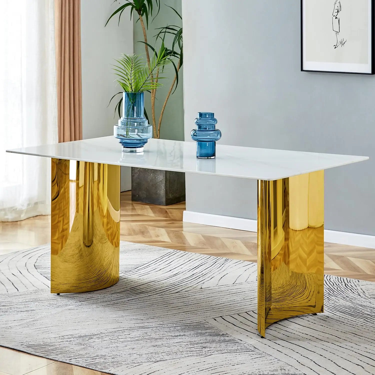 71IN Gold Table for 8, White Marble Golden Stainless Steel Base