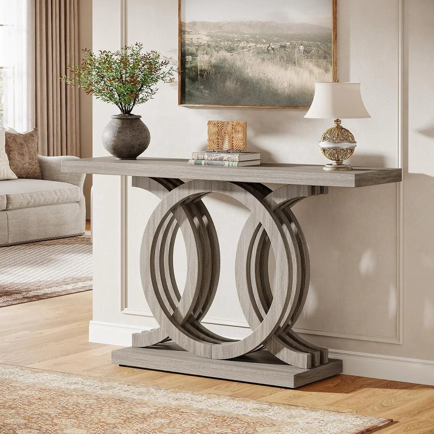 55IN Console Table with Geometric Wood Base, Thick Tabletop (Gray)