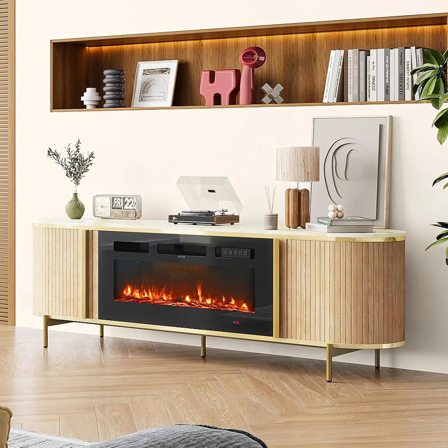70" Fluted Fireplace Entertainment Center for TVs Up to 80IN, Cabinets