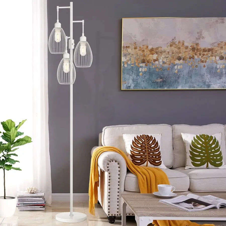 Floor Lamp, 3 x 800LM LED Edison Bulbs Included, Elegant Teardrop Cage
