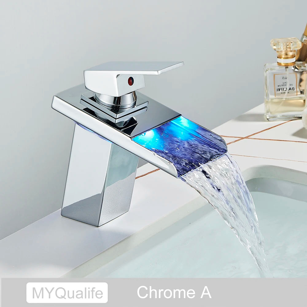 LED Color Changing Waterfall Faucet, Deck Mounted Hot/Cold Mixer Tap