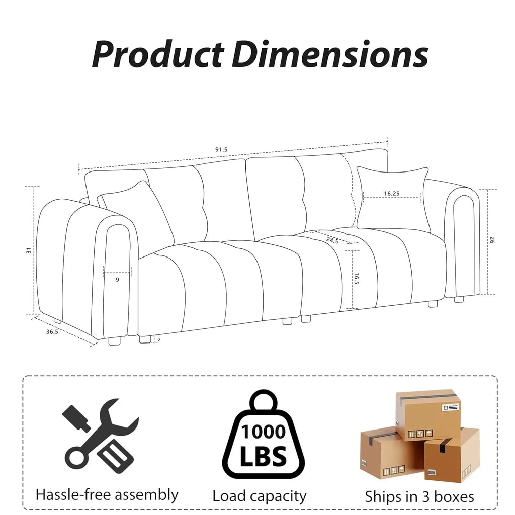 91.5" W Cloud Boucle Sofa, Rolled Arms Soft Pillows, Teddy