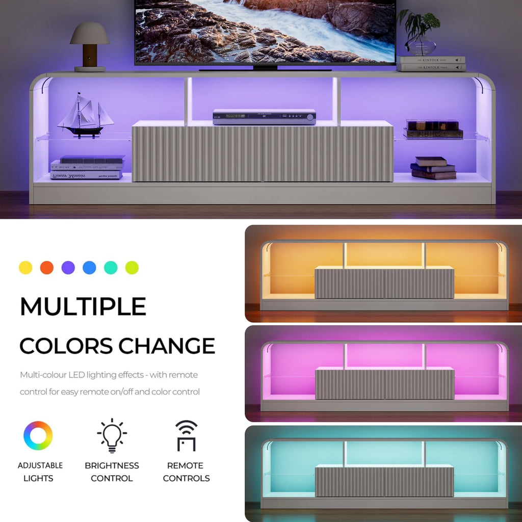 For 60/65/70-Inch TVs, Modern Curved TV Console LED Lights, 2 Drawers & Glass Shelves