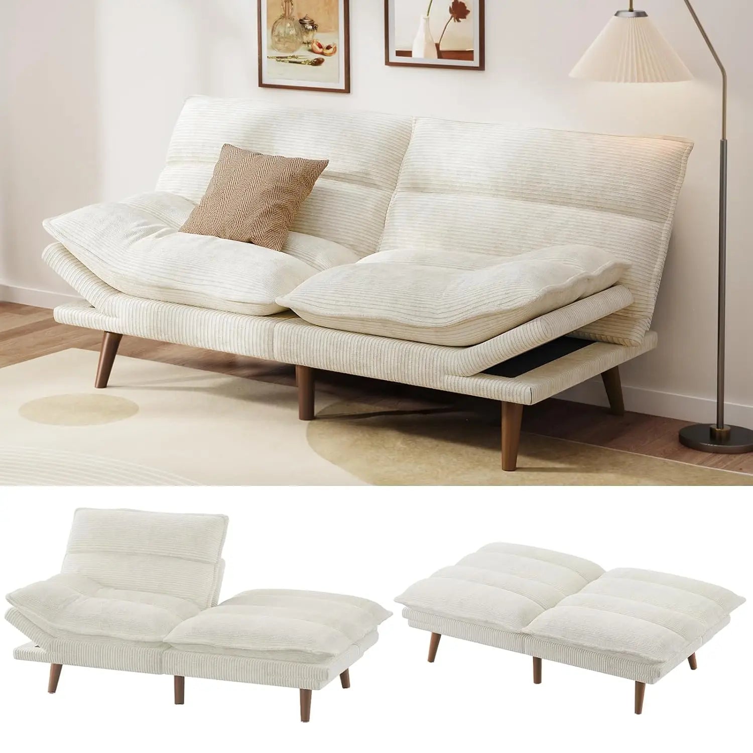 Futon Sofa Recliner Sleeper Bed, 66Inch Corduroy w/Adjustable Backrest and Armrest