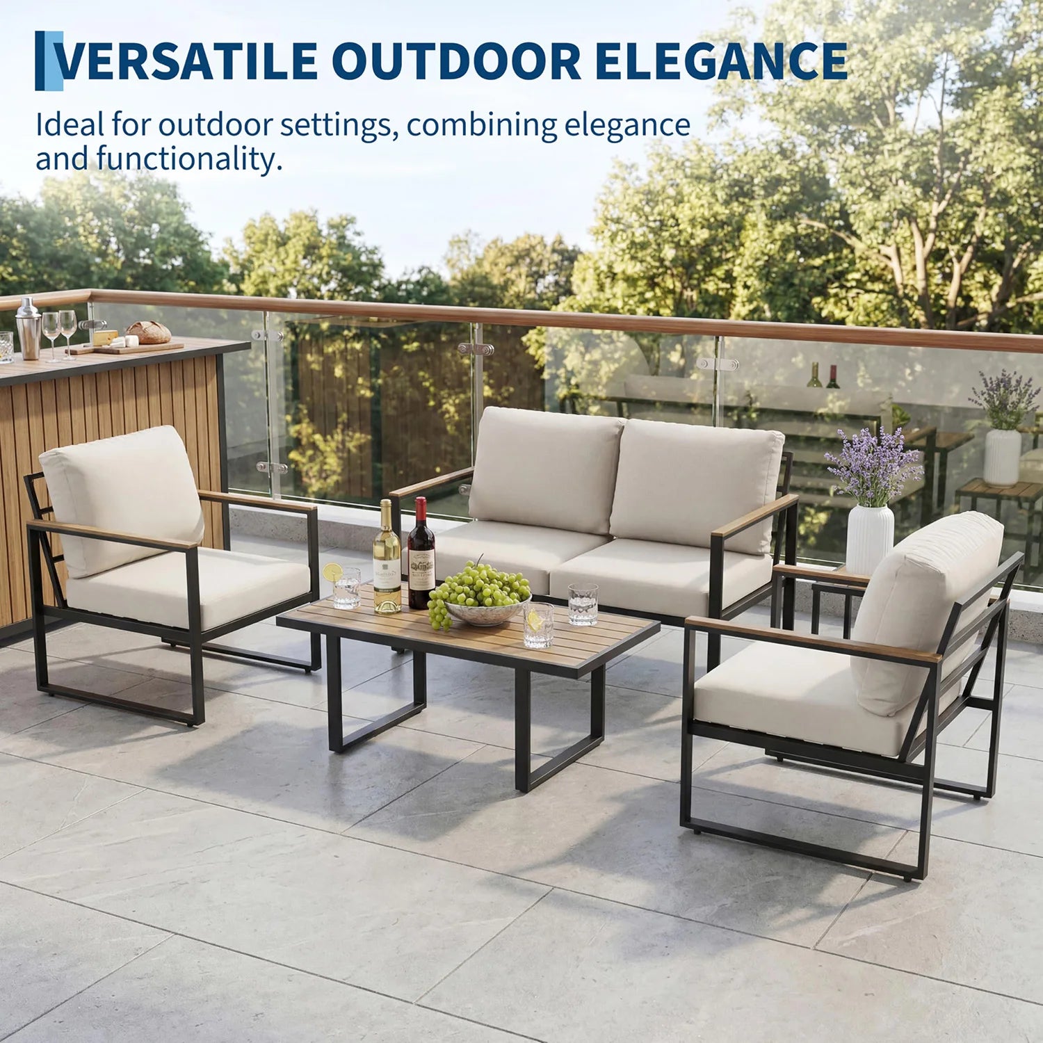 4-Piece Patio Sectional Sofa Set, Coffee Table Thick Washable Cushions