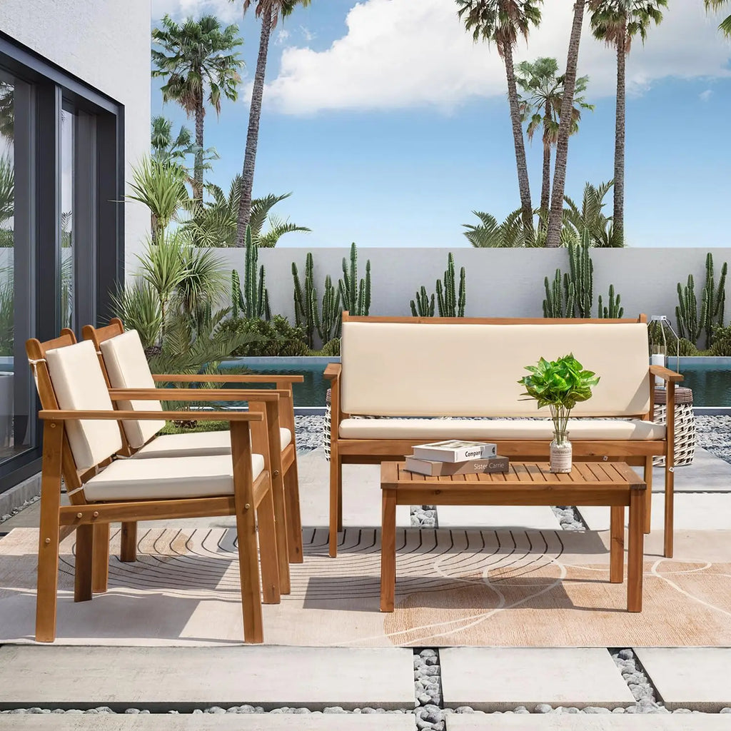 4-Piece Acacia Wood Patio Bistro Set Loveseat Coffee Table Cushion