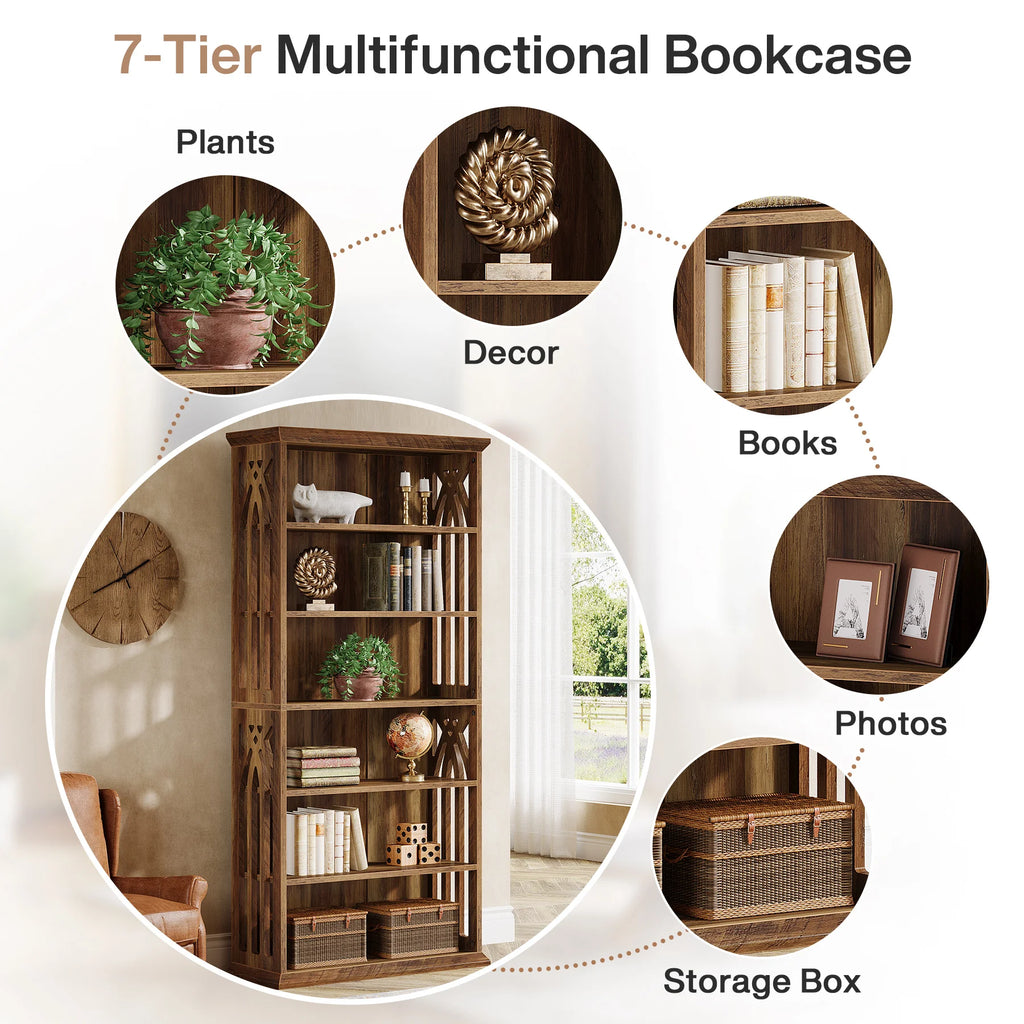6-Tier 75-Inch Tall Bookcase, Large Freestanding Wood Display Shelves