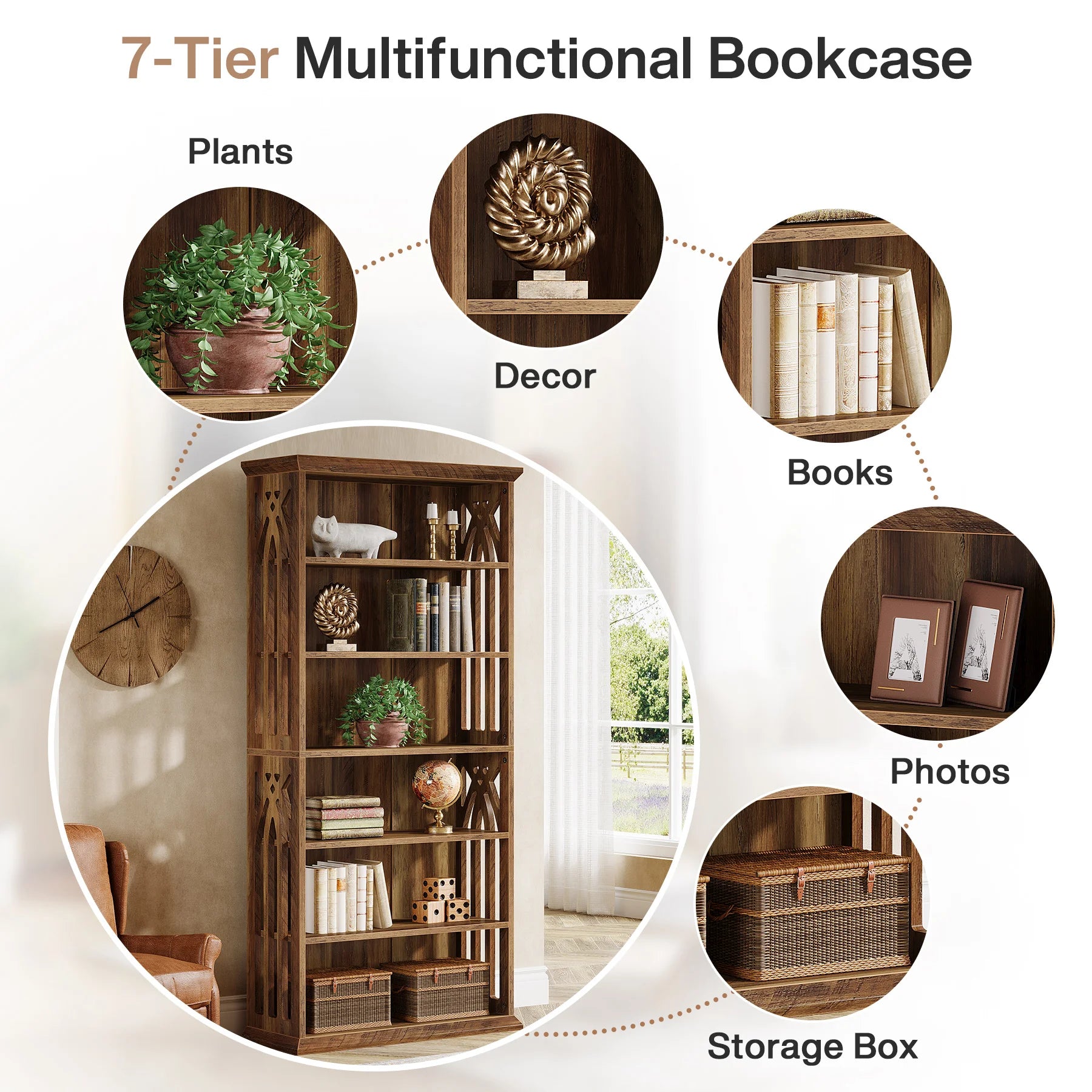 6-Tier 75-Inch Tall Bookcase, Large Freestanding Wood Display Shelves