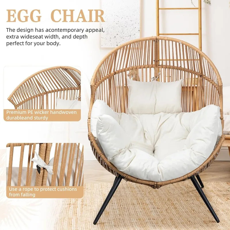 Oversized Wicker Patio Lounge Chair, Egg Chair, PE Rattan, Cushion