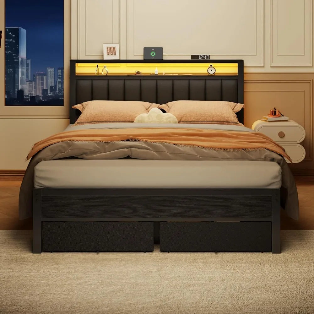 Bed Frame, Charging Station LED Lights, Grey Upholstered Headboard, Shelves,