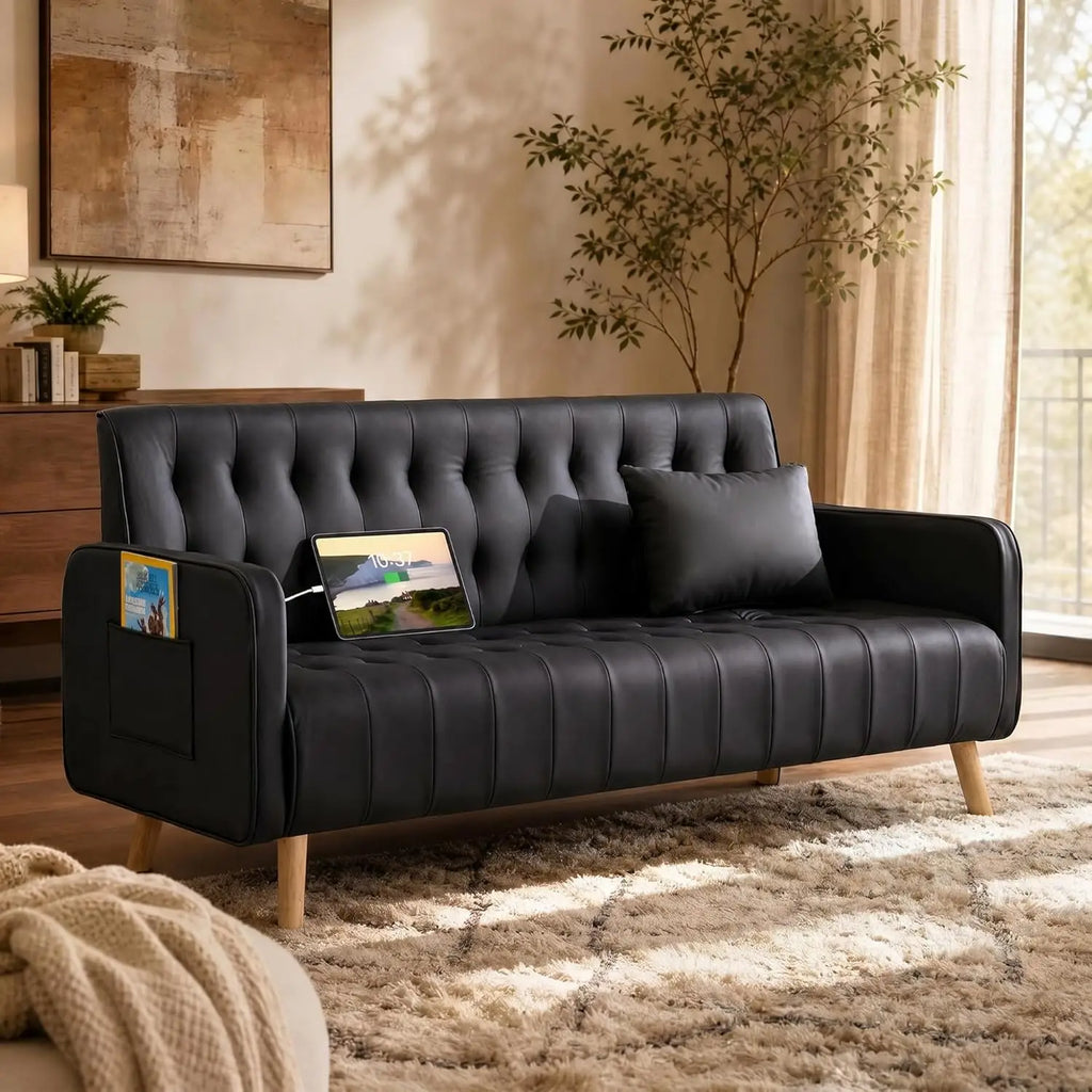 57Inch Tufted Faux Leather Loveseat Couch, USB Charging Ports Side Pockets