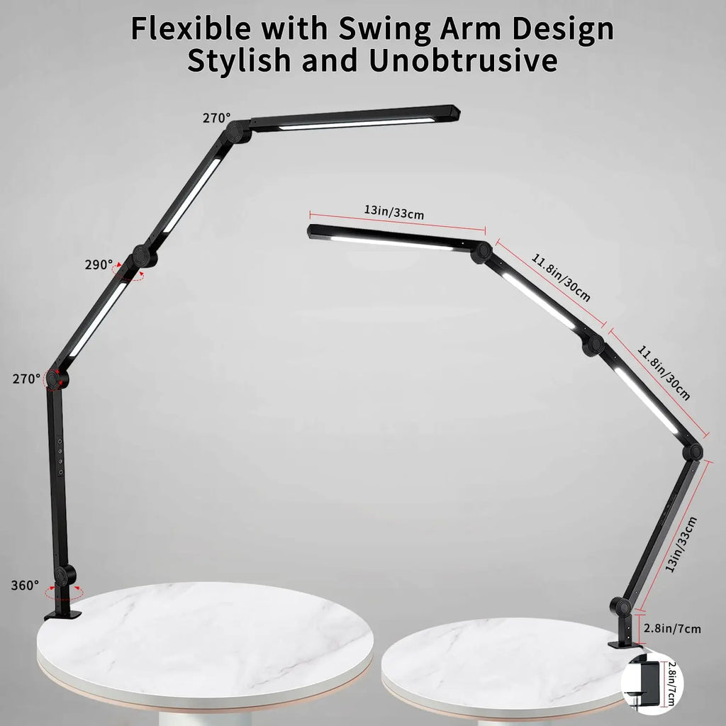 LED Desk Lamp, Clamp, 4 section Swing Arm, Three lights: 4 Colors, 5 Brightness