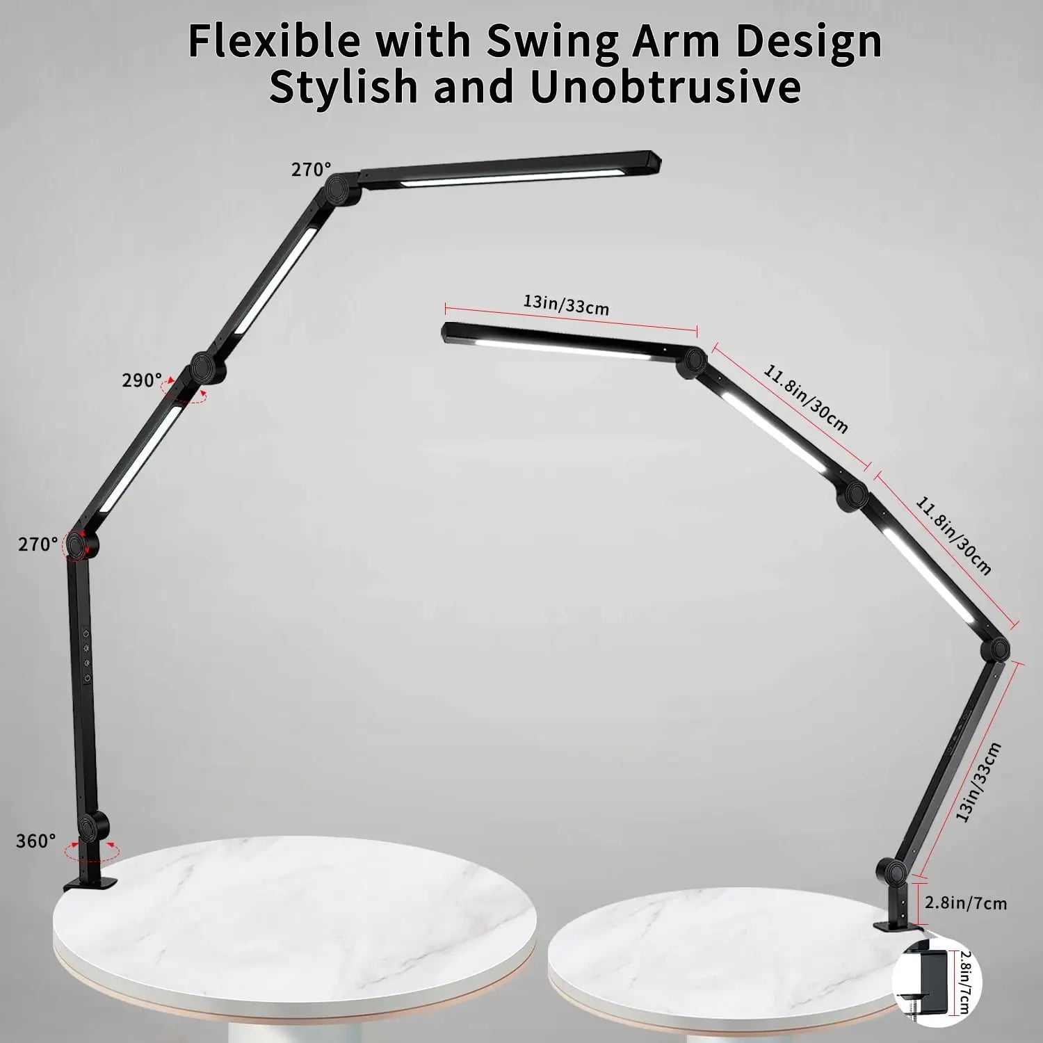 LED Desk Lamp, Clamp, 4 section Swing Arm, Three lights: 4 Colors, 5 Brightness