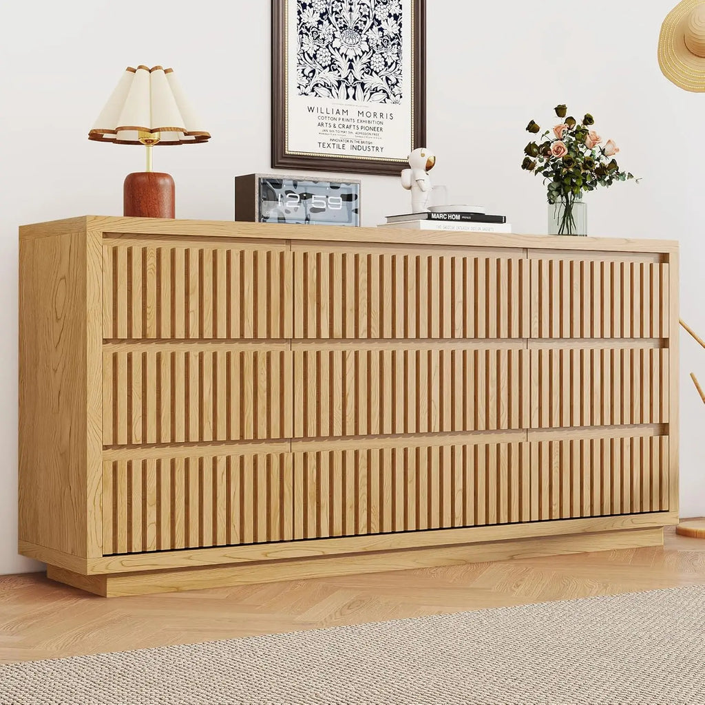 Fluted 9-Drawer Dresser, 58" Wide Vintage Chest of Drawers