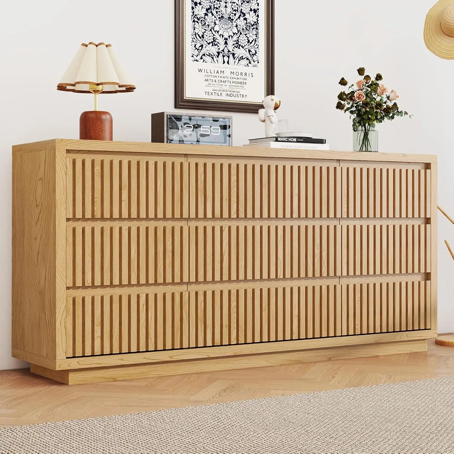 Fluted 9-Drawer Dresser, 58" Wide Vintage Chest of Drawers