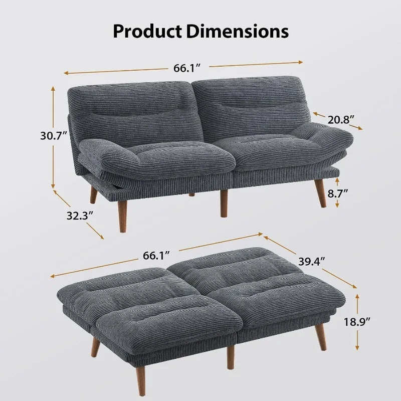 Futon Sofa Bed, 66IN Corduroy Recliner Sleeper, Adjustable Backrest, Armrests