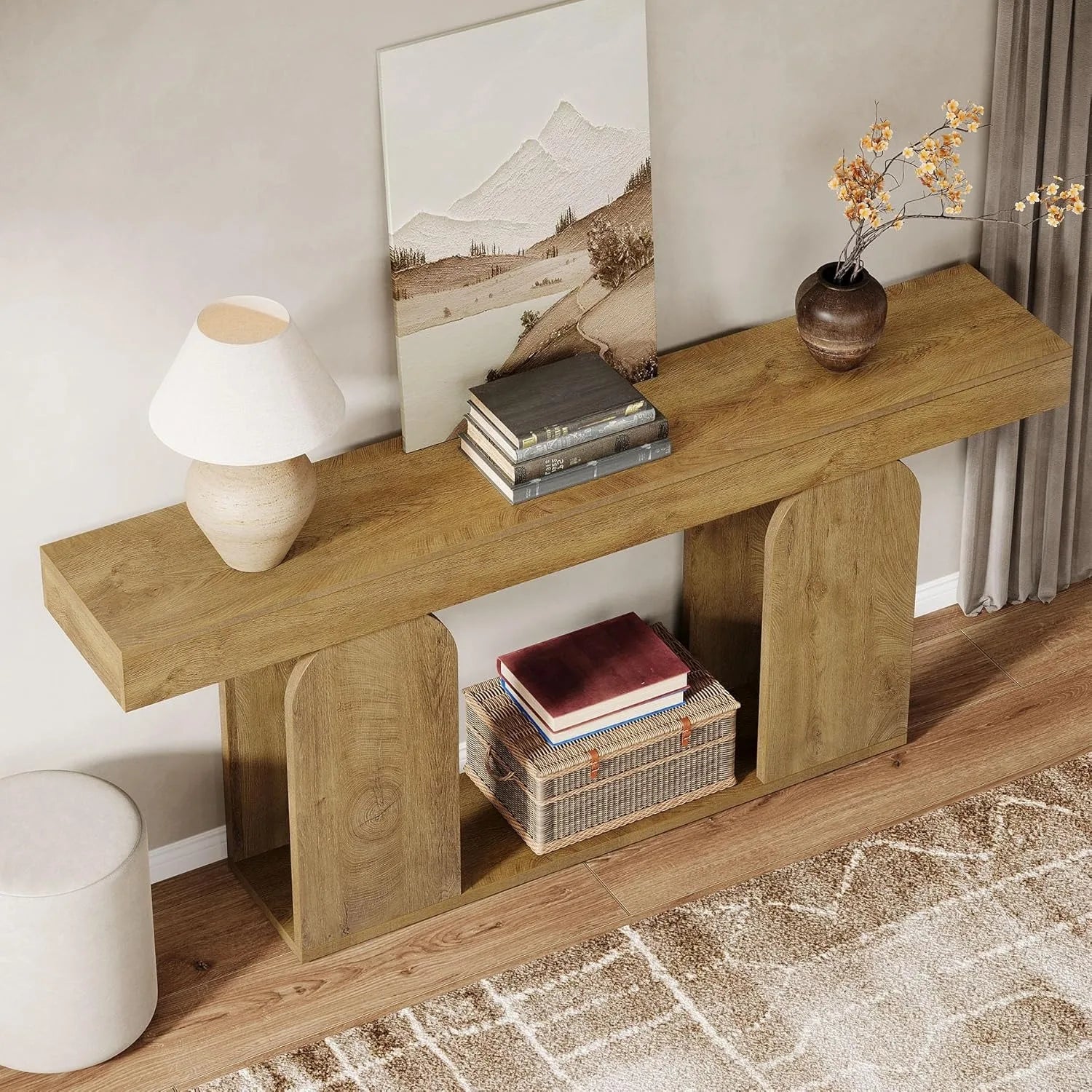 70.9-Inch Extra Long Farmhouse Console Table, 2-Tier Storage Shelf