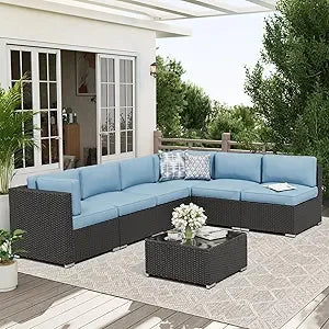 7-Piece Patio Sofa Black Rattan Wicker, Glass Top Table, Cushions