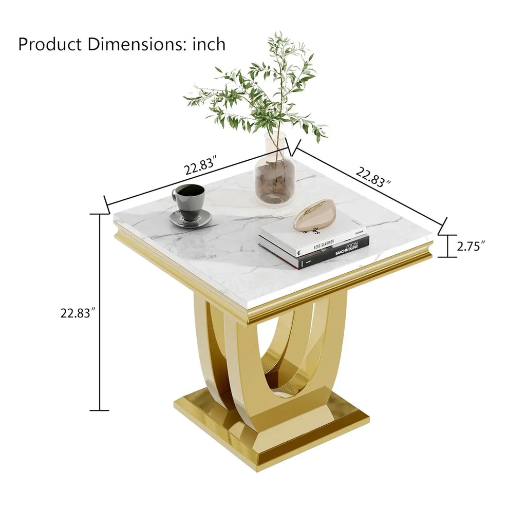Luxury White Faux Marble End Table, Side Table U-Shape Gold Mirrored
