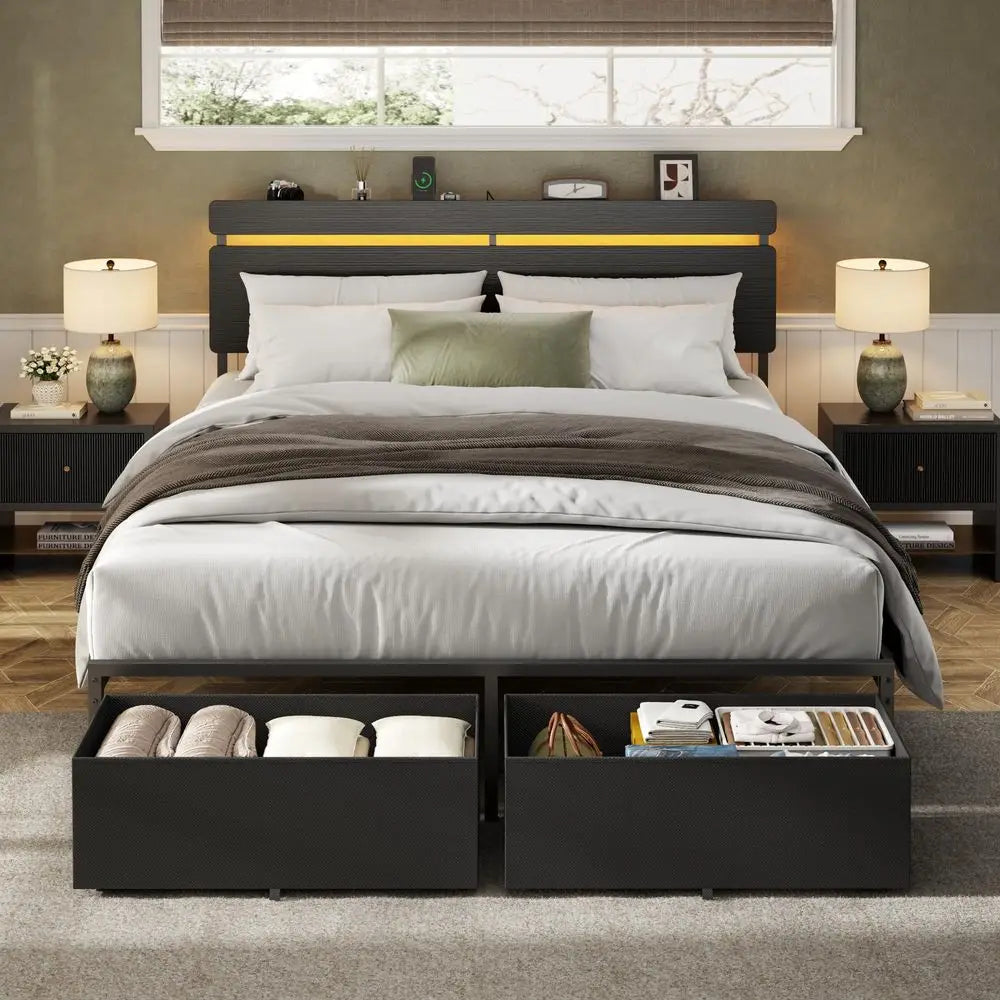 Queen Bed LED Light Headboard Black Platform 2-Drawers Charging Station