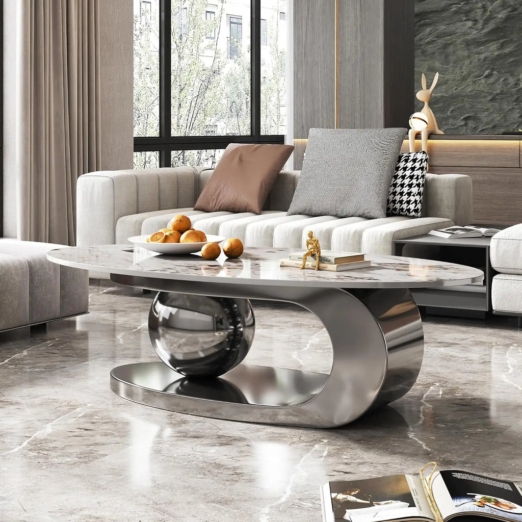 Coffee Table, Silver Stainless Steel Pedestal Oval Faux Marble Top.