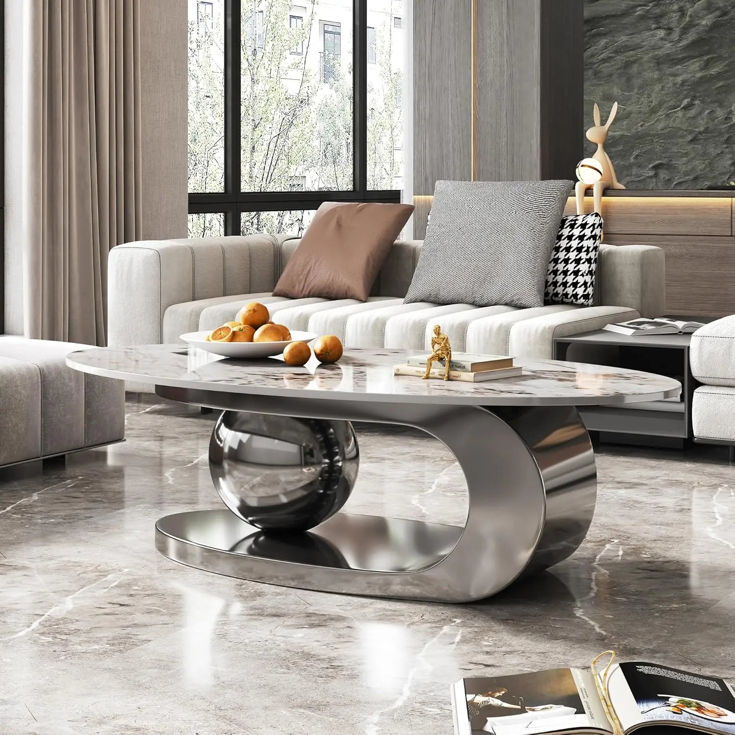 Coffee Table, Silver Stainless Steel Pedestal Oval Faux Marble Top.