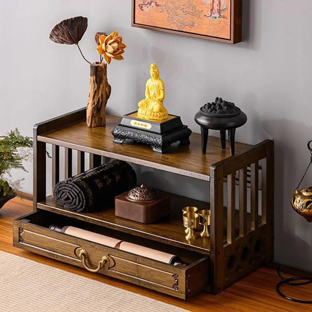 Walnut Meditation  Floor Altar Table, Low 2-Tier Japanese/Puja Table, Drawer