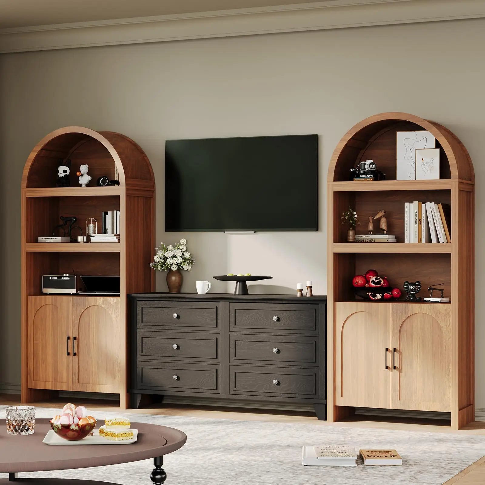 71IN Arched Bookcase 5-Tier Storage Doors Open Shelves