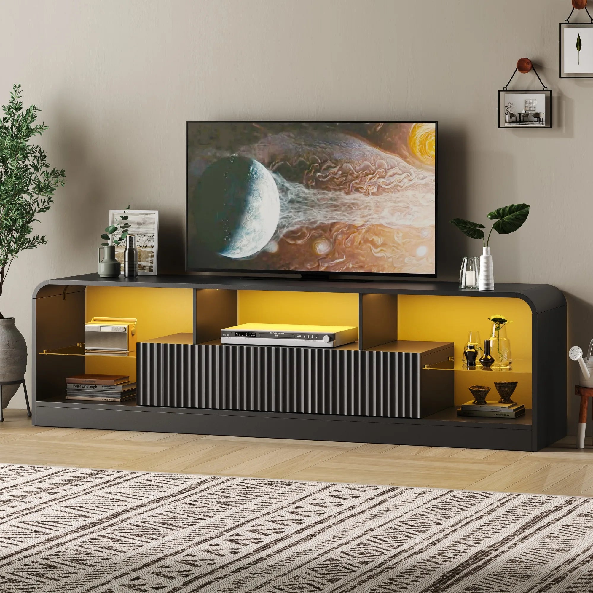 For 60/65/70-Inch TVs, Modern Curved TV Console LED Lights, 2 Drawers & Glass Shelves
