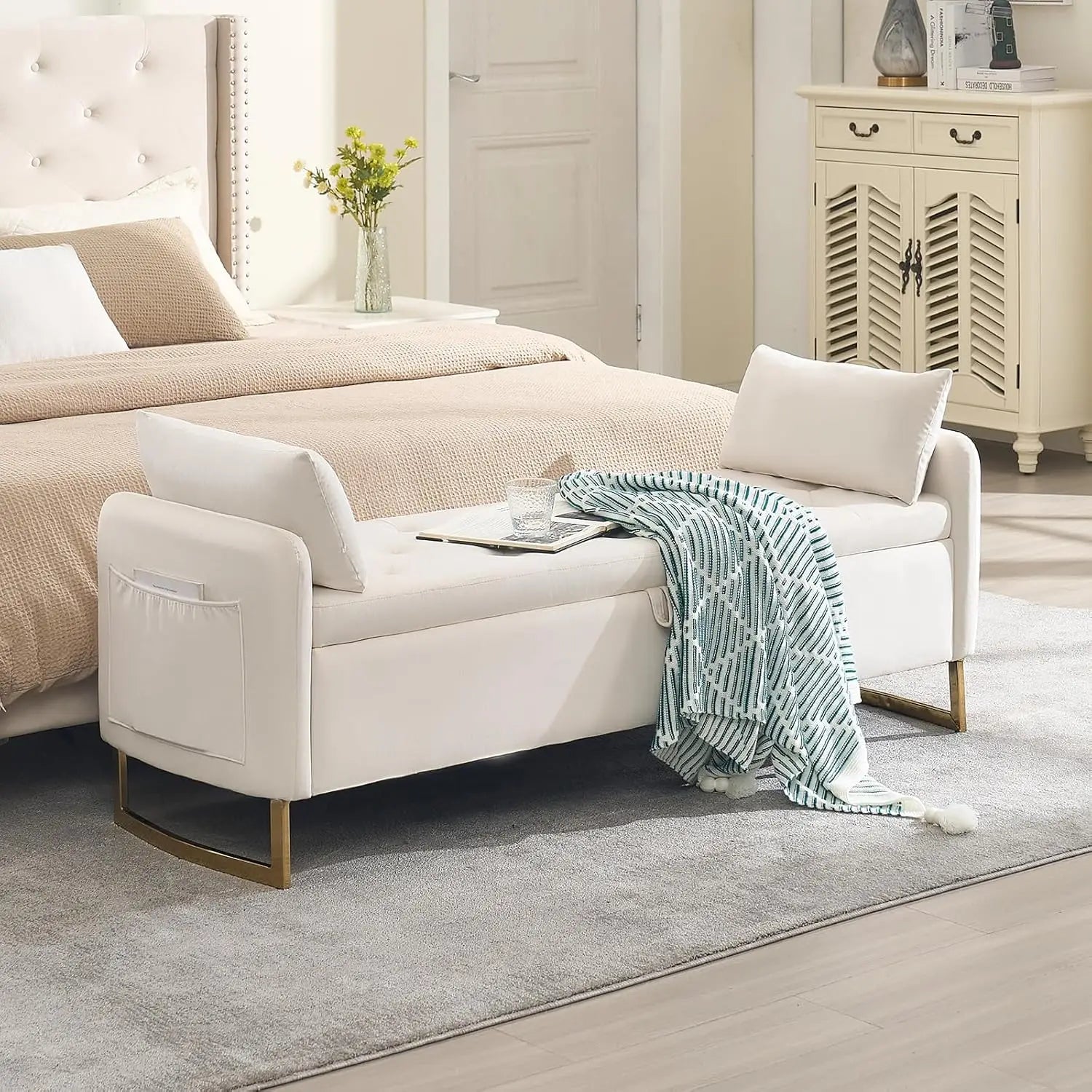 65" Velvet Storage Ottoman Bench, Tufted Upholstered