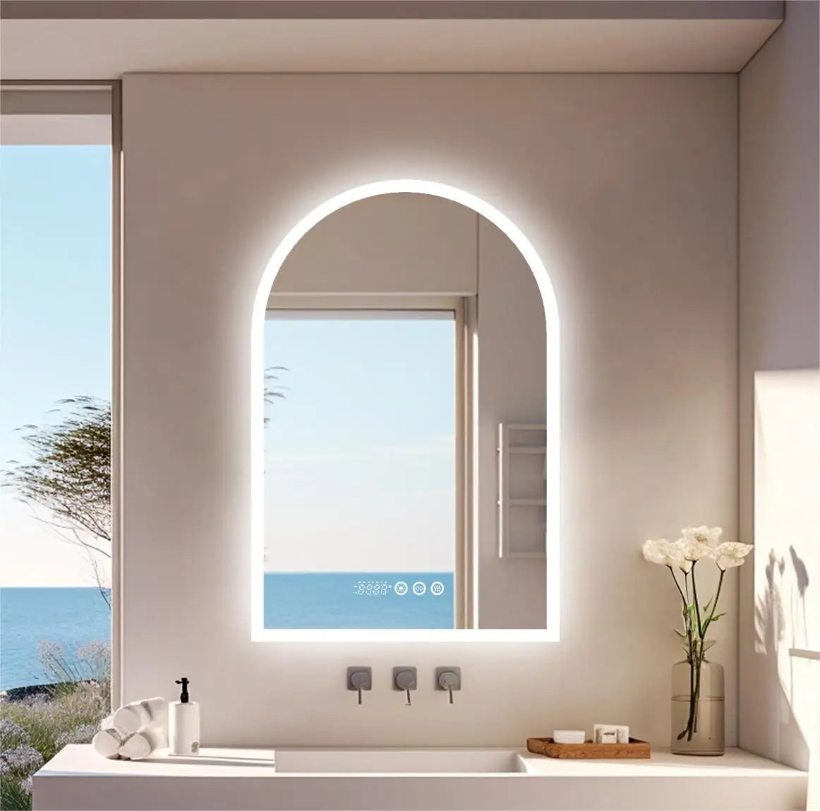 60x90CM Arched LED Mirror Backlit Frameless Antifog Time/Temperature Display